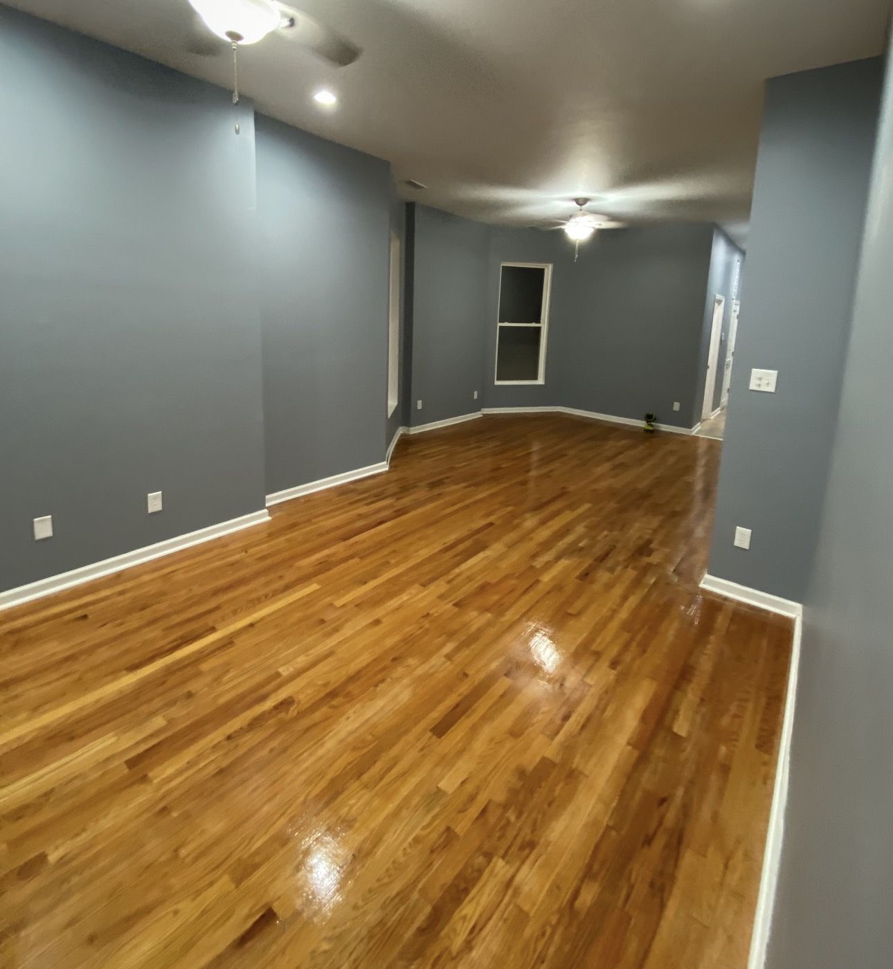 Open living room, refinished hardwood