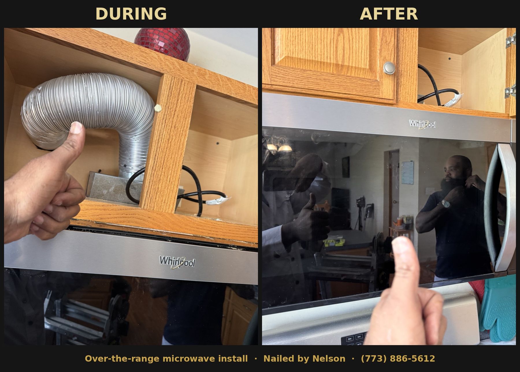 Over-the-range microwave install, during and after