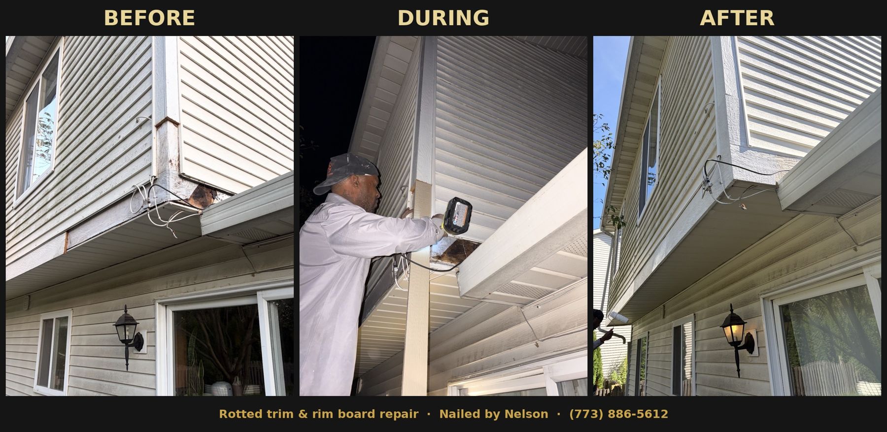 Rotted exterior trim repair, before, during and after